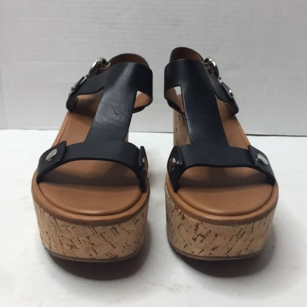 FRYE // dahlia black leather upper rivet detail platform cork wedge sandals